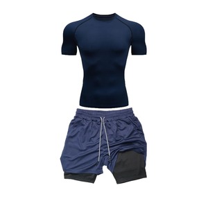 Traje ajustado de compresión para hombre, pantalones cortos de doble capa de manga corta de secado rápido, traje deportivo informal de verano - Product Image 1