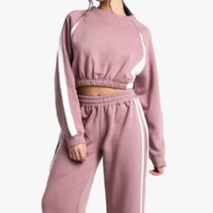 Women Solid Color <b>Polyester</b> <b>Tracksuit</b> Full Sleeve Crew Neck Loose Fit Casual Autumn Wear With Side Pockets Elastic Waist - Product Image 1
