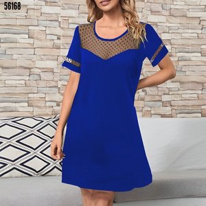 Vestido de Crepé de Manga Corta con Escote Corazón y Detalle de Tul en el Busto para Mujer, 38179 - Azul - Product Image 2