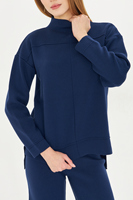 Conjunto de Dos Piezas de Punto Azul Marino para Mujer, Venta al Por Mayor del Fabricante, Suéter de Cuello Alto de Corte Holgado, Pantalones de Pierna Ancha con Cintura Elástica