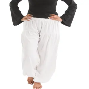 กางเกงฮาเร็มสีขาวทรงบอลลูนที่สวยงามเรียบง่ายและทันสมัยพร้อมเอวยางยืดกางเกงและกางเกงขายาวผ้าไม้ไผ่