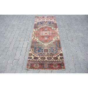 Turkish Vintage <b>Runner</b> Rug 2.3x6.5 ft, <b>Red</b> Blue Polka dot Wool Rug - Product Image 1