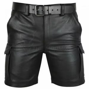 <b>Mens</b> Genuine <b>Leather</b> Solid <b>Shorts</b> Casual Streetwear with Pockets Quick Dry Breathable Adjustable High Waist 2026 - Product Image 3
