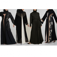 Abaya noire brodée avec motif floral doré, manches longues, abaya modeste pour femmes, longueur au sol, vêtements islamiques