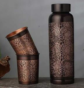 Elegant Etched Pattern Pure Copper Water <b>Bottle</b> With Traditional Indian Art Design for Healthy Drinking - Product Image 3