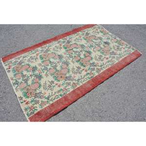 Vintage <b>Turkish</b> <b>Rug</b> Red Beige 3.8 X 6.1ft Large Area Woolen Patchwork Design for Hallway Bedroom Rectangular Latex Room Bedside - Product Image 4