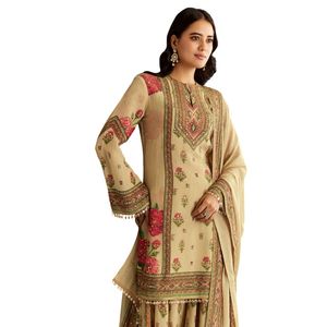 Beige Crush Tissue Floral Print <b>Kurta</b> Palazzo With Dupatta Wholesale <b>Women</b> Ethnic Apparel OEM Factory Custom Party Wear Fashion - Product Image 4