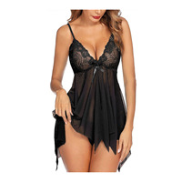 Ensemble de Nuisette Courte en Satin et Tulle Dos Nu pour Femme avec String - Mini Lingerie Nuisette Simple