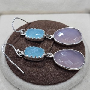 925 Sterling Silver Designer Dangling <b>Earrings</b> High Quality Natural <b>Pink</b> Quartz Blue Chalcedony Gemstone Handmade for Weddings - Product Image 5