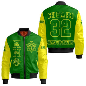 เสื้อแจ็คเก็ตบอมเบอร์สีขาวเหลืองสำหรับผู้ชาย ยี่ห้อ Chi Eta Phi แบบซิปด้านหน้า สวมใส่สบายๆ ลายพิมพ์ Service For Humanity 32 - Product Image 4