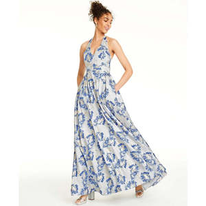 Abito da ballo blu in raso a trapezio per ragazze Speechless, taglia 9, con scollo all'americana in broccato floreale e vita impero - Product Image 1