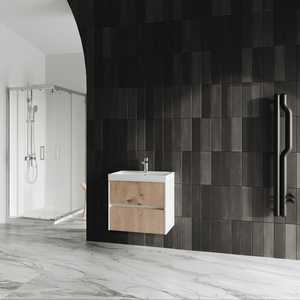 Mueble de baño suspendido Cannes de 60 cm, de roble dorado acanalado, con lavabo - Product Image 2