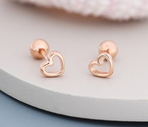 Pendientes de Plata de Ley 925 con corazón abierto pequeño y tornillo plano, tachuelas, diseño minimalista geométrico, joyería, regalos de bellas artes para mujeres - Product Image 3