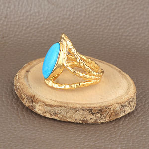 Trendy <b>boho</b> gold plated statement <b>ring</b> with blue turquoise oval gemstone handmade adjustable designer jewelry for all occasions - Product Image 2