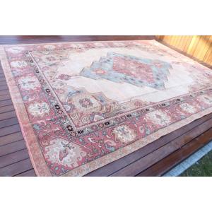 8.3x11.6 ft Vintage Oversize Turkish Solid <b>Wool</b> Rug Eco-Friendly Traditional Patchwork Design Latex Backing <b>Red</b> Blue Home Rug - Product Image 2