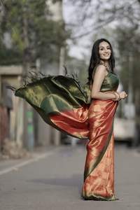 Sari de seda Banarasi Katan suave y elegante con tejidos de hilo de plata y oro puro para bodas y fiestas para mujeres - Product Image 6