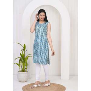 Của phụ nữ Màu xanh bông thẳng Kurti với Chevron <span class=keywords><strong>Zig</strong></span> <span class=keywords><strong>Zag</strong></span> thiết kế thanh lịch hàng ngày cửa hàng ăn mặc cho các kích thước lên đến 6XL sàn Chiều dài - Product Image 2