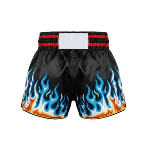Shorts de Muay Thai MMA en satin noir en gros, broderie bleue feu et éclair, unisexe - Product Image 2