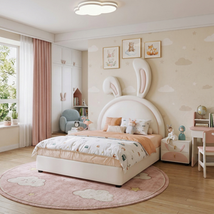 Lit pour enfant en bois massif, taille complète, en cuir écologique, sans odeur, de couleur crème, moderne, fabriqué en usine OEM - Product Image 6