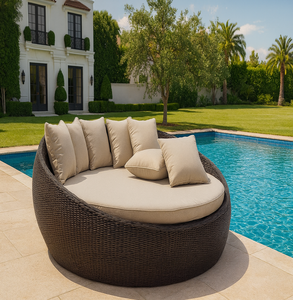 Chaise longue ronde d'extérieur avec structure en rotin PE de qualité supérieure et coussins épais pour jardin, balcon et resort - Product Image 2