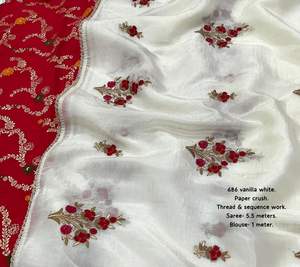 ชุดส่าหรีผ้าไหมบานาราซีเนื้อนุ่มสำหรับผู้หญิง ปักลายด้วยด้ายสวยงาม ประดับด้วยลูกปัดและลูกไม้ตัดกัน พร้อมเสื้อทอผ้าไหมซารี - Product Image 3