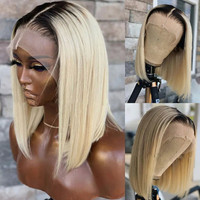 Blond clair racine noire Balayage couleur chaude os droit courte longueur faisceaux de couture trame extensions de cheveux humains vietnamiens