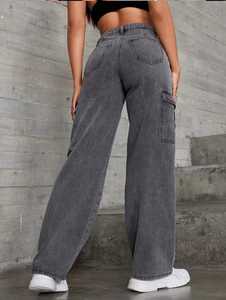 Pantalones vaqueros cargo de pierna ancha rectos informales de cintura alta para mujer europeos al por mayor, ropa de calle lavada con bolsillos, pantalones vaqueros antracita personalizados - Product Image 3