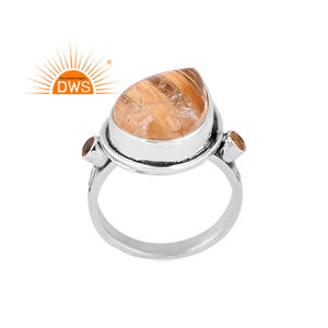 Anillo de declaración de piedras preciosas de rutilo y citrino dorado Natural de plata de ley oxidada de la mejor calidad, fabricante de joyería personalizada - Product Image 1