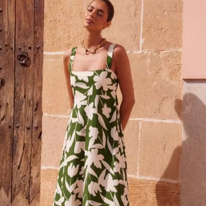 Venta al por mayor personalizado elegante estilo ucraniano bordado Midi vestido verde blanco vacaciones Casual Maxi vestido sólido patrón natural - Product Image 1