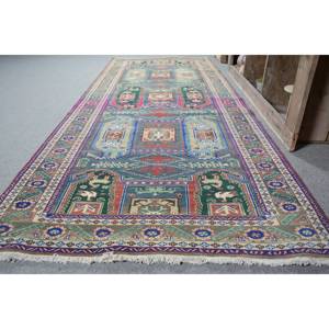 Alfombra turca Vintage tradicional, diseño de retazos verdes y azules, rectángulo de lana de 4x10/7 pies para decoración para sala de estar para adolescentes - Product Image 3