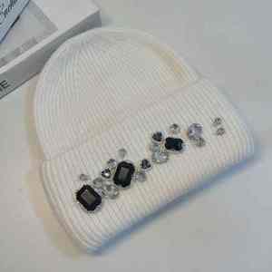 New Arrival Solid Color Winter Knitted <b>Beanie</b> Hat Rhinestones 100% Cotton Dot Pattern Digital Breathable <b>Waterproof</b> Street Style - Product Image 4