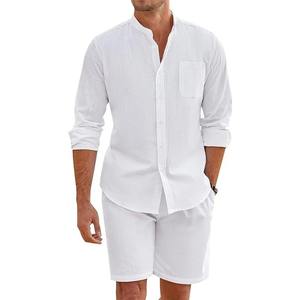 Conjuntos de lino y algodón transpirables informales diarios para hombre, camisas y pantalones cortos con botones y cuello levantado Vintage para hombre, ropa de verano - Product Image 3