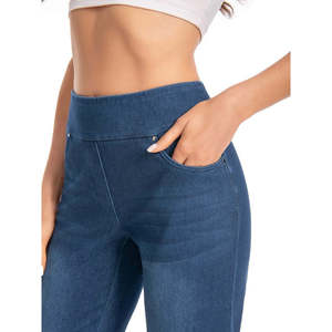 Pantalon Capri en jean extensible pour femme, coupe ajustée, avec poches à rivets, respirant, style crayon, taille simple avec logo tendance - Product Image 3