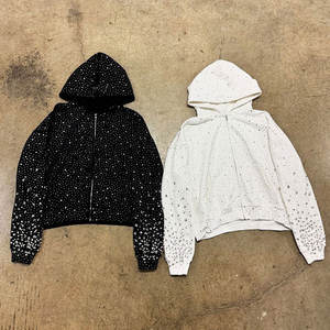 Custom 100% Cotton French Terry Regular Fit <b>Oversized</b> <b>Hoodie</b> with Diamond Zipper and Rhinestone Winter Pullover - Product Image 4