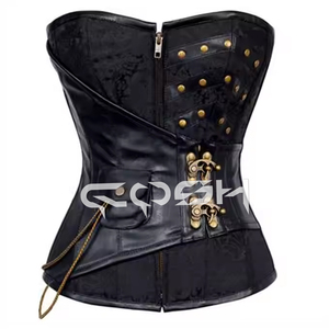 Corsé Jacquard gótico deshuesado de acero Overbust de calidad superior con correa de cuero negro y cierre oscilante más cercano - Product Image 2
