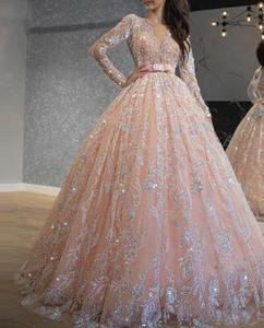 Vestido de Noche Elegante y Lujoso para Mujer, Manga Larga, Modesto, Largo hasta el Suelo, Brillante, Silueta Recta, Estampado Natural - Product Image 1