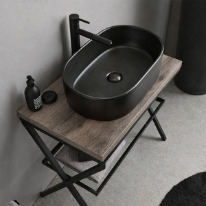 Mobile da Bagno 60cm in Metallo Nero con Ripiano in Vetro, Top in Rovere e Specchio 60x80cm - Product Image 3