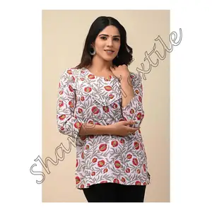 Floral Women Exclusive Top/Short Kurti Indian Handmade Pure Cotton Spring Casual Modern Designer Hand Block Printed Tunics Dress