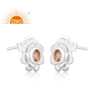 925ที่ทำด้วยมือดีเงินสเตอร์ลิงธรรมชาติพลอยซิทรินออกแบบดอกไม้ต่างหูสตั๊ดเครื่องประดับสำหรับผู้หญิงของขวัญสำหรับผู้หญิงสำหรับเธอ - Product Image 2