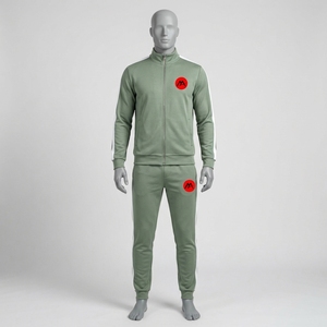 <b>Men</b> Winter Hooded Sage Green Tracksuit Set Full Zip Athletic <b>Jacket</b> Jogger Pants <b>White</b> Side Stripes Sportswear Training Gym - Product Image 1