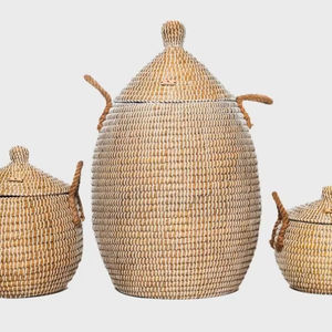 Grand panier de rangement décoratif en jonc de mer fait à la main avec des poignées en anneau, organisateur tissé pour le rangement des enfants - Product Image 1