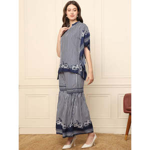 DEEBACO ชุดเซ็ตเสื้อคลุมยาวลายทางสีน้ำเงินสำหรับผู้หญิงพร้อมชุดชาราร่าความยาวระดับข้อเท้าชุดตะวันตกชุดฤดูร้อนฤดูใบไม้ผลิ - Product Image 3