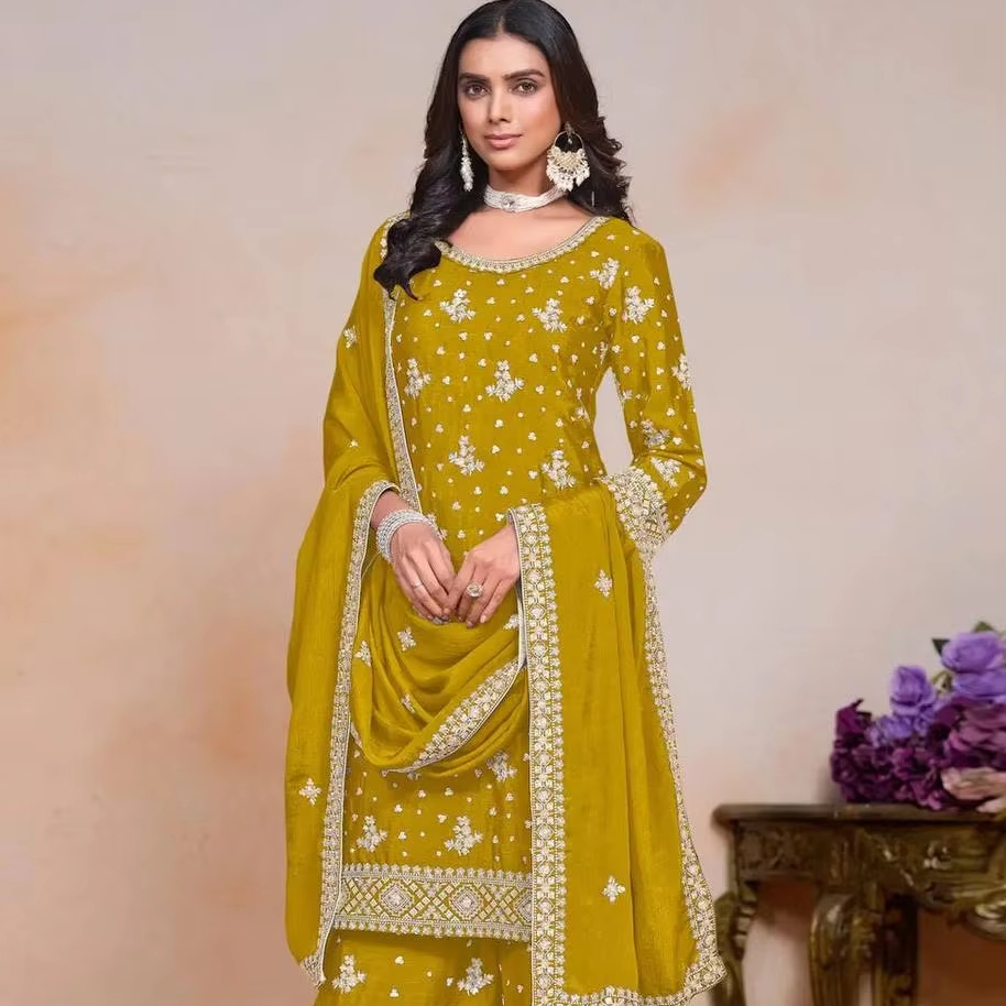 Yellow Sharara Suit: Indian Pakistani Wedding Party Wear Dress by LAMOUNT SUPPLIER LLP