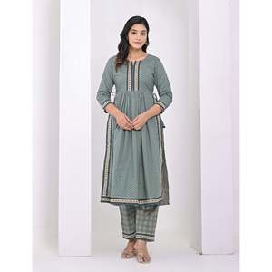 Green <b>Block</b> <b>Printed</b> Cotton Salwar Kameez Pant Set - Product Image 1
