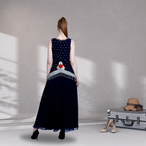 Robe maxi bleu marine de luxe pour femmes, tendance, pour les soirées, sans manches, col en V, ornée à la main, robe évasée, look haut de gamme - Product Image 3