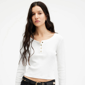 T-shirt Henley blanc à manches longues pour femme, col rond, détails boutonnés, coupe ajustée, décontracté, en coton tricoté - Product Image 1