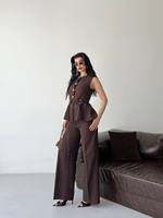 Ensemble tailleur femme élégant et écologique en laine/nylon marron à motif floral, coupe classique, manches courtes, boutonnage intégral