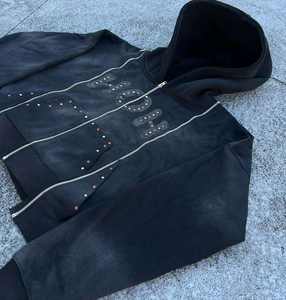 Custom Men Winter Fleece Jogger Sets Vintage Cotton Acid Wash Tracksuit Embroidery <b>Applique</b> Regular Fit Drawstring Hoodie - Product Image 2