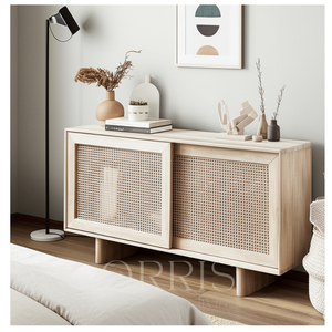 Buffet moderne de luxe en osier avec portes coulissantes en rotin, meuble de salle à manger de style campagnard - Product Image 6