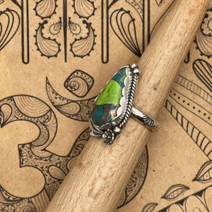 Green Mojave <b>Turquoise</b> <b>Ring</b> Handmade Silver <b>Ring</b> with Flower Fan Detail Southwestern Bohemian Statement Jewelry for Women - Product Image 2